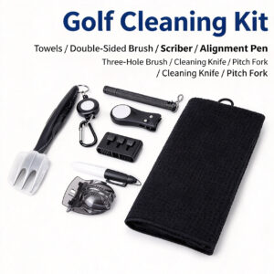 6-Piece Golf Cleaning Kit, including double-sided brush, towel, line marker, divot tool, golf club care tool set