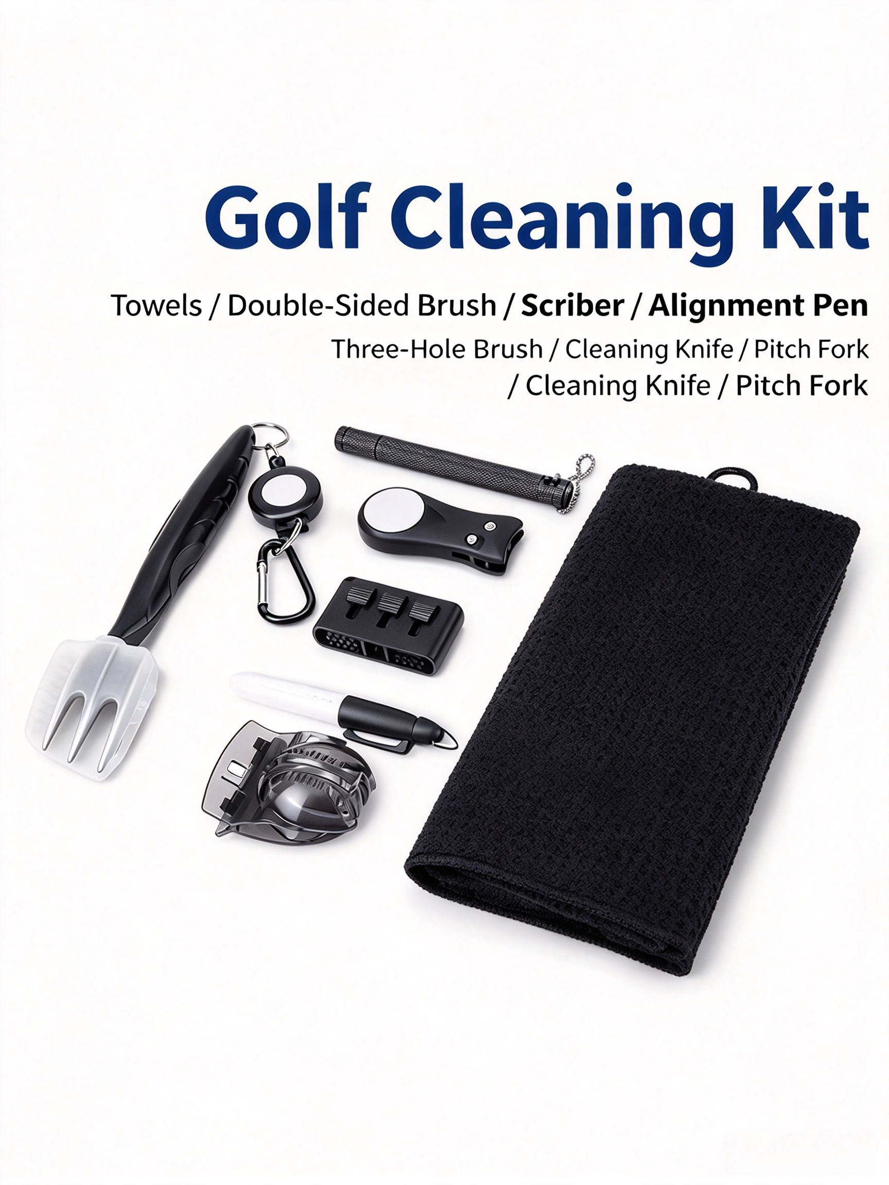 6-Piece Golf Cleaning Kit, including double-sided brush, towel, line marker, divot tool, golf club care tool set